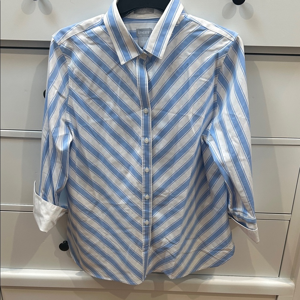 Chico's Blue and White Striped Button Down Shirt